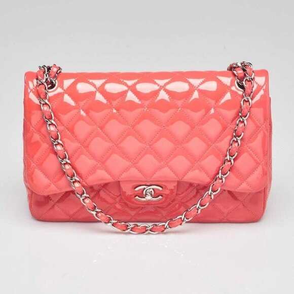 Chanel Pink Quilted Patent Leather Classic Jumbo Double Flap Bag - Picture 1 of 12